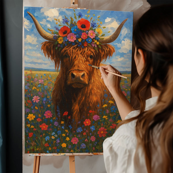 Highland Cow in Flowers Field | Paint By Numbers Kit