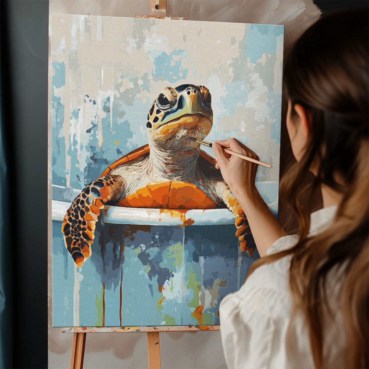 Curious Turtle in Bathtub | Paint By Numbers Kit