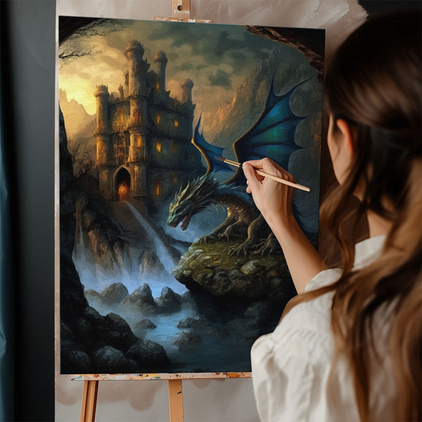Dragon's Vigil at the Waterfall Castle | Paint By Numbers Kit