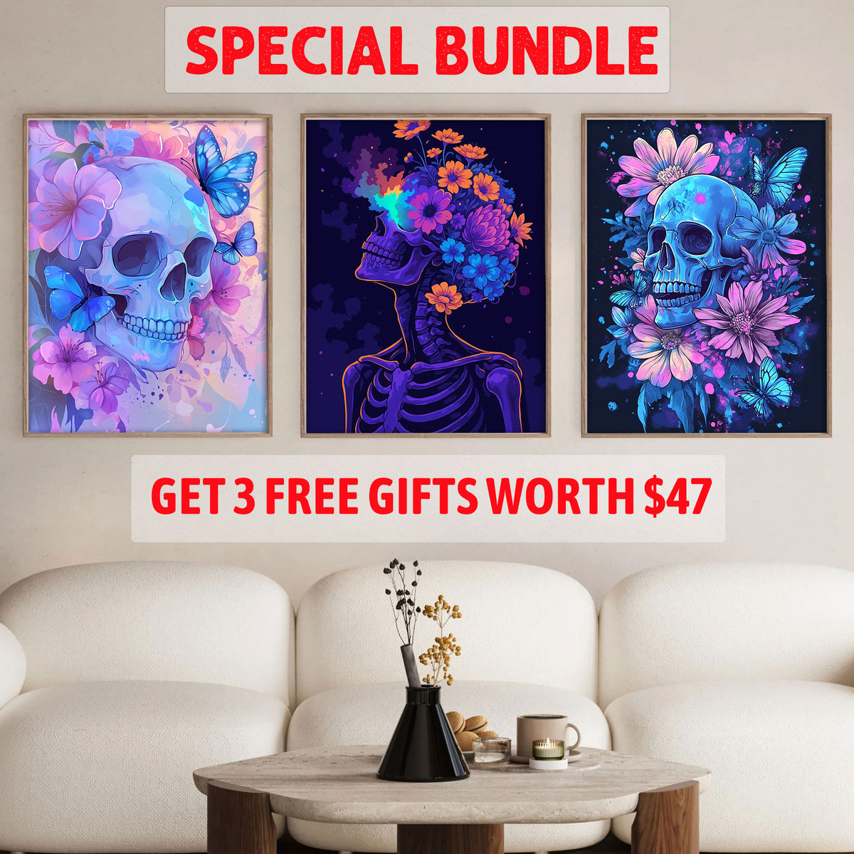 Neon Butterlfies Skull Set|  Paint By Numbers Kit