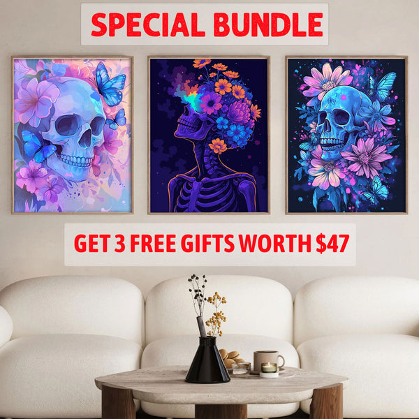 Neon Butterlfies Skull Set|  Paint By Numbers Kit
