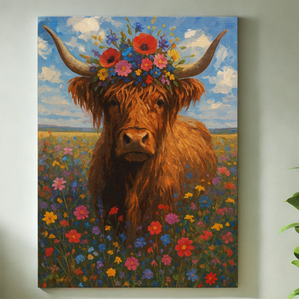 Highland Cow in Flowers Field | Paint By Numbers Kit