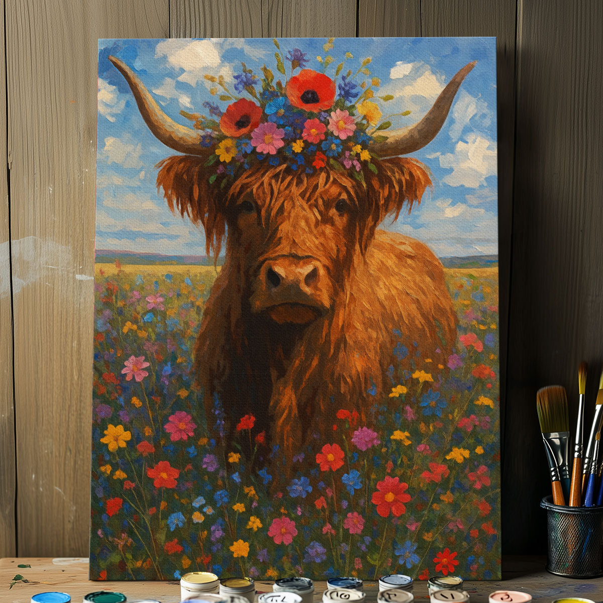 Highland Cow in Flowers Field | Paint By Numbers Kit