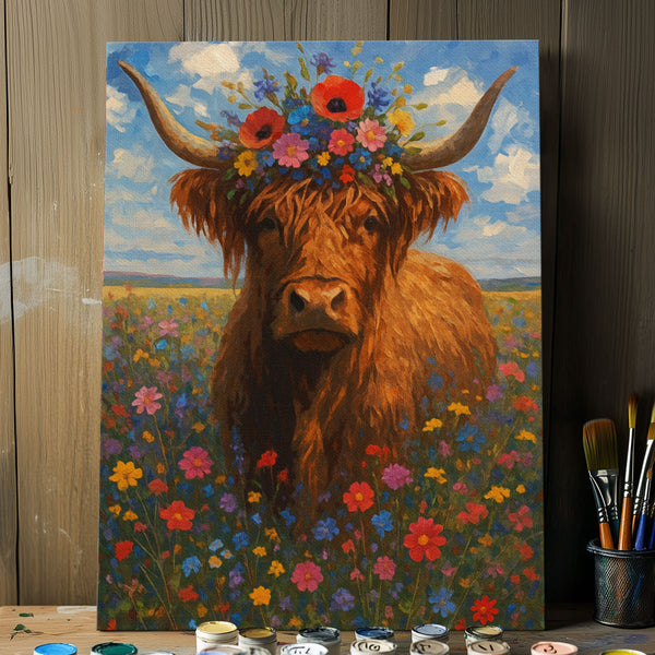 Highland Cow in Flowers Field | Paint By Numbers Kit
