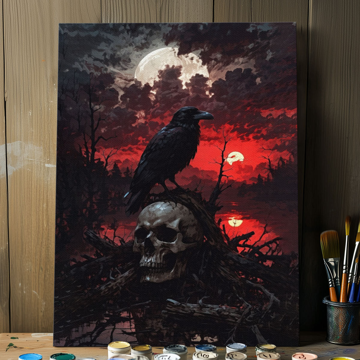 Skull and Raven Under Blood Moon | Paint By Numbers Kit