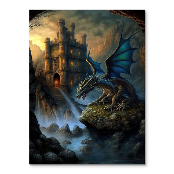 Dragon's Vigil at the Waterfall Castle | Paint By Numbers Kit