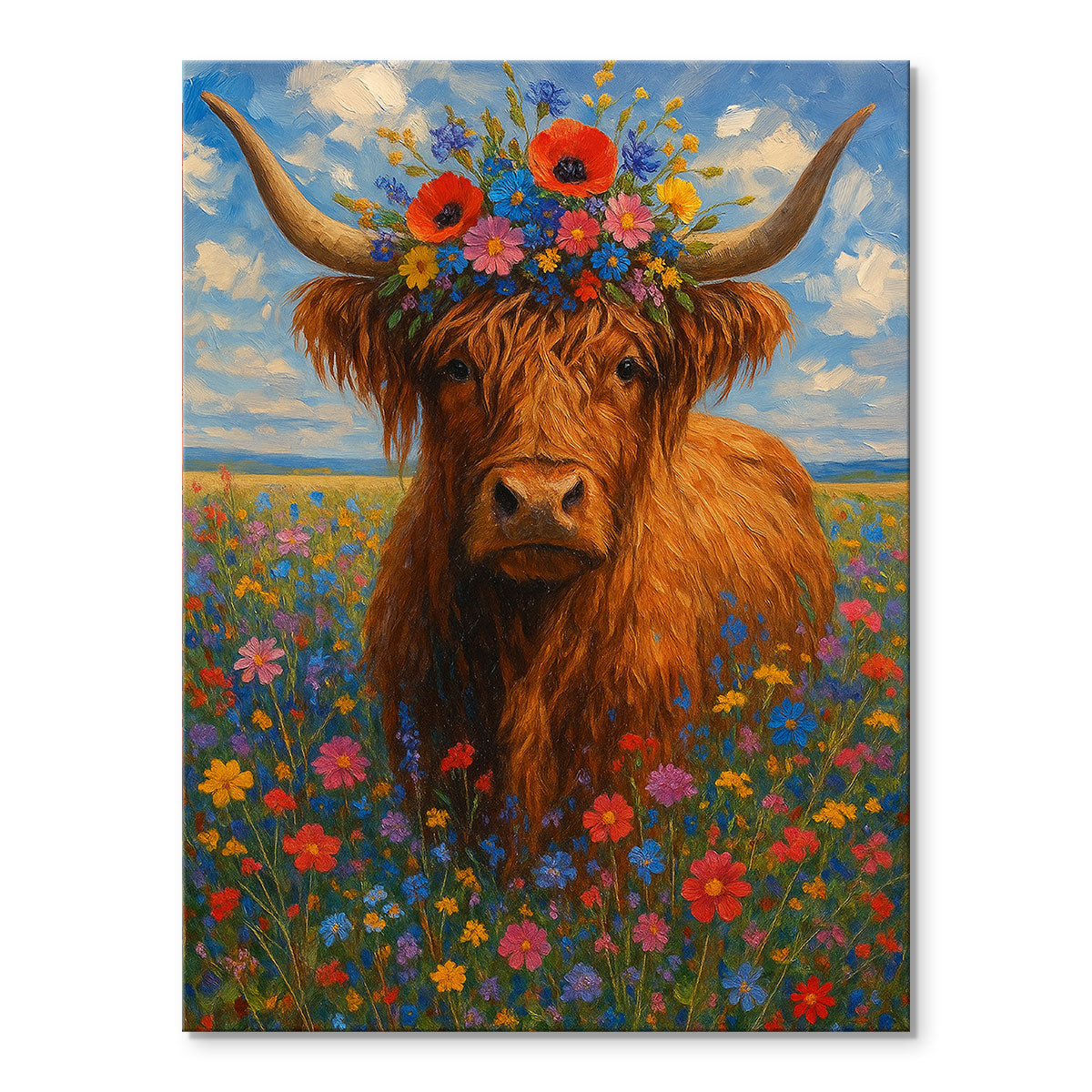 Highland Cow in Flowers Field | Paint By Numbers Kit