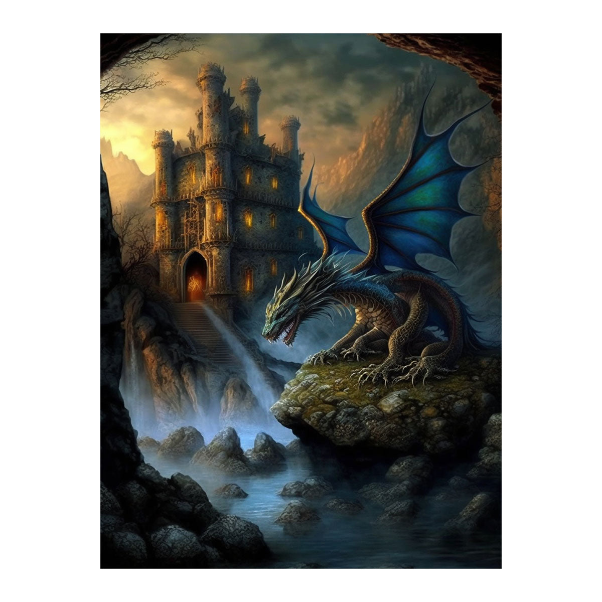 Dragon's Vigil at the Waterfall Castle | Paint By Numbers Kit